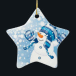 Ornamento De Cerâmica Snowman<br><div class="desc">Neve Brincando na Neve com Fundo Azul</div>
