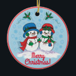 Ornamento De Cerâmica Snowman<br><div class="desc">Personalize este Enfeites de natal único de boneco de neve! Sr. & Sra. Frosty, o boneco de neve está pegando um filme de Natal mágico através de uma "Terra das Neves do Inverno"! Design de Belas Artes Original pelo Artista Kerry Miller.</div>