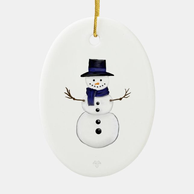 Ornamento De Cerâmica Snowman and Blue Snowflake Ceramic Oval Ornament (Frente)