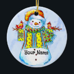 Ornamento De Cerâmica Snowman Birdman<br><div class="desc">Snowman Birdman Cerâmica Ornament,  t-shirts Snowman,  roupa,  presentes por ArtMuvz Illustration. Dons de Natal iguais,  roupa de inverno. Para personalizar,  adicione seu nome ou adicione texto. Personalize este ornamento do boneco de neve para torná-lo exclusivo seu ou para dar como presente personalizado</div>