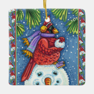 ORNAMENTO DE CERÂMICA SNOWMAN BODYGUARD, CHRISTMAS CARDINHEIRO REDBIRD