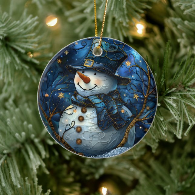 Ornamento De Cerâmica Snowman Christmas Ornament Blue Faux Stained Glass (Árvore)