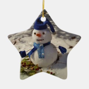 Ornamento De Cerâmica Snowman com Blue Hat e Scarf