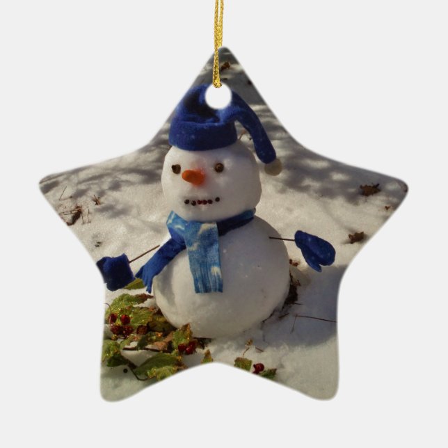 Ornamento De Cerâmica Snowman com Blue Hat e Scarf (Frente)