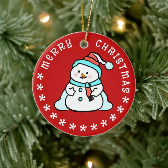 Ornamento De Cerâmica Snowman Com Nome Personalizado | Vermelho Cinto (Árvore)