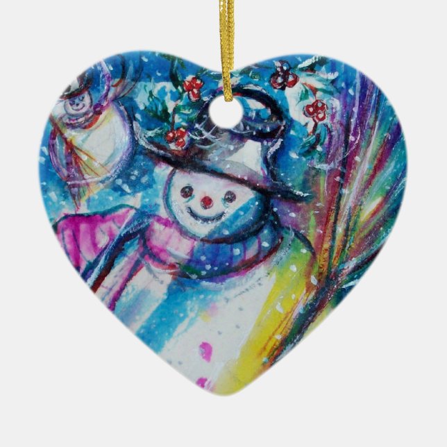 Ornamento De Cerâmica SNOWMAN COM OWL Heart (Frente)