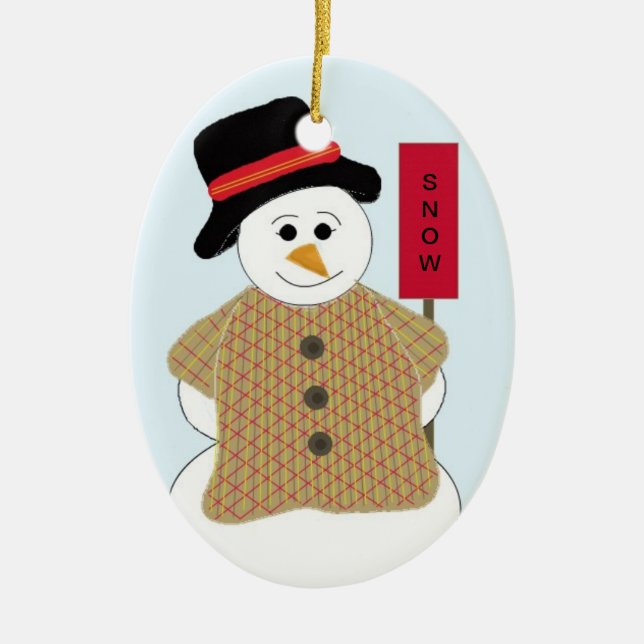 Ornamento De Cerâmica Snowman com Sinal de Neve (Frente)