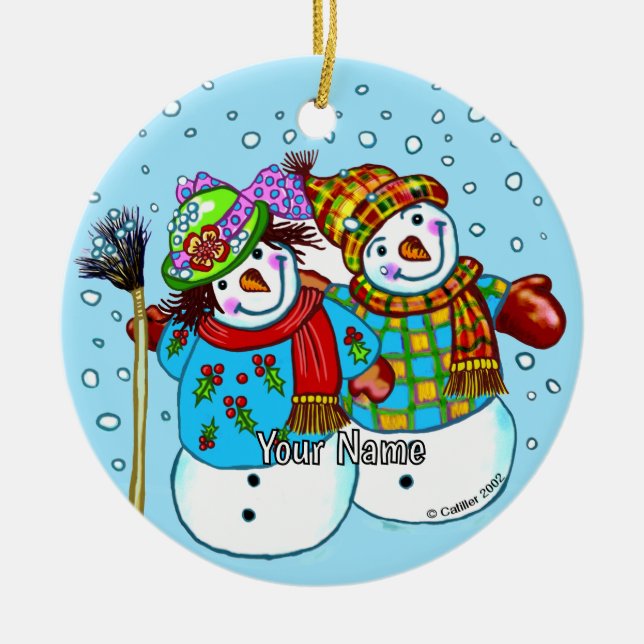 Ornamento De Cerâmica Snowman Couple  Ceramic Ornament (Frente)