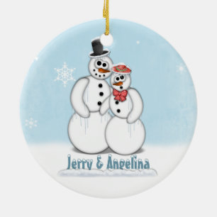 Ornamento De Cerâmica Snowman Couple Picture Ornament