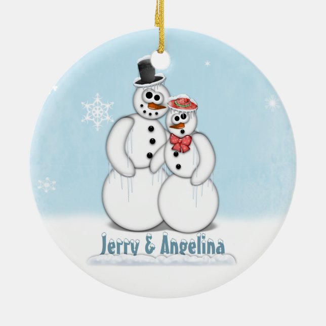 Ornamento De Cerâmica Snowman Couple Picture Ornament (Traseira)
