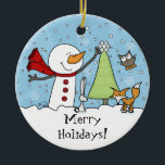 Ornamento De Cerâmica Snowman Decora Árvore com Criaturas de Woodland<br><div class="desc">Um bonitinho bonitinho em uma área de neve chega ao topo de um pinheiro pequeno para colocar um floco de neve em cima. Os animais de floresta constituídos por coruja, raposa e coelho olham nesta cena de inverno. Personalize esta design de Natal como quiser. Design original de Christie Black of...</div>