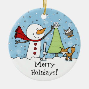 Ornamento De Cerâmica Snowman Decora Árvore com Criaturas de Woodland
