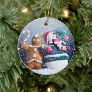 Ornamento De Cerâmica Snowman e pão de gengibre