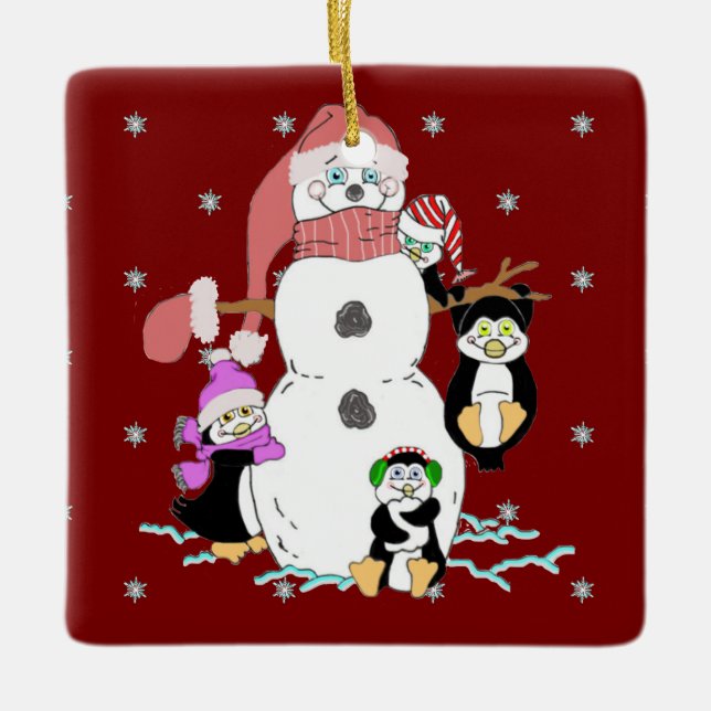 Ornamento De Cerâmica Snowman e Penguin (Frente)