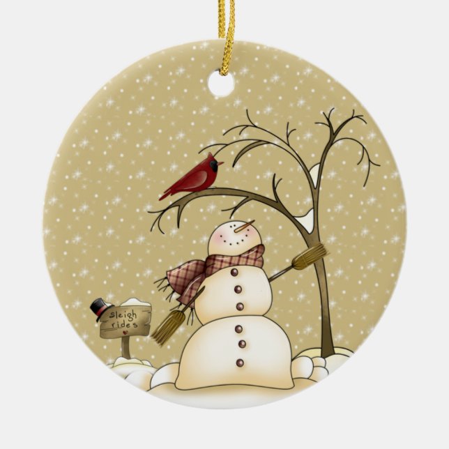Ornamento De Cerâmica Snowman e Red Bird Christmas (Frente)
