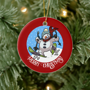 Ornamento De Cerâmica Snowman engraçado Feliz Natal! Skiing Cartoon