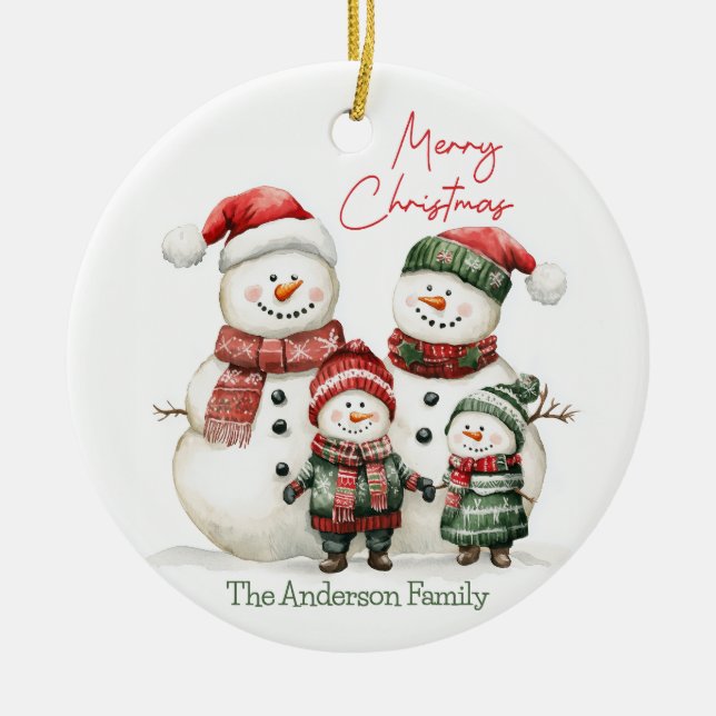 Ornamento De Cerâmica Snowman Family Christmas Ornament | Custom Name (Frente)