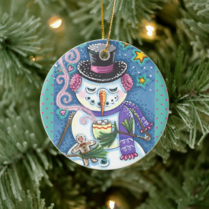 ORNAMENTO DE CERÂMICA SNOWMAN, GINGERBREAD MAN E MUG DE CHOCOLATE QUENTE