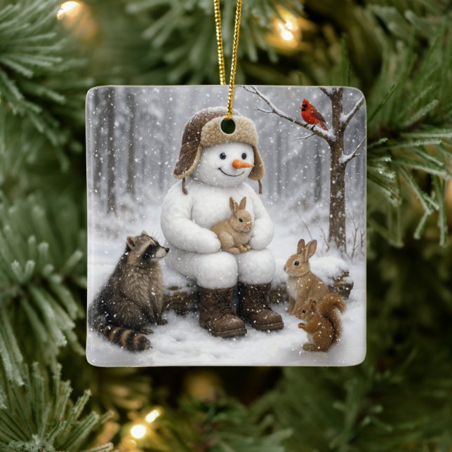 Ornamento De Cerâmica Snowman In Winter Woods With Animal Friends (Árvore)