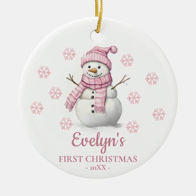 Ornamento De Cerâmica Snowman Personalized Girl's First Christmas (Frente)