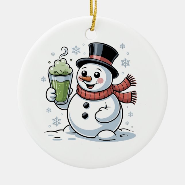 Ornamento De Cerâmica Snowman Segurando Matcha Beba Natal (Frente)