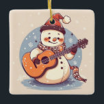 Ornamento De Cerâmica Snowman tocando violão<br><div class="desc">Um design com um boneco de neve tocando guitarra</div>
