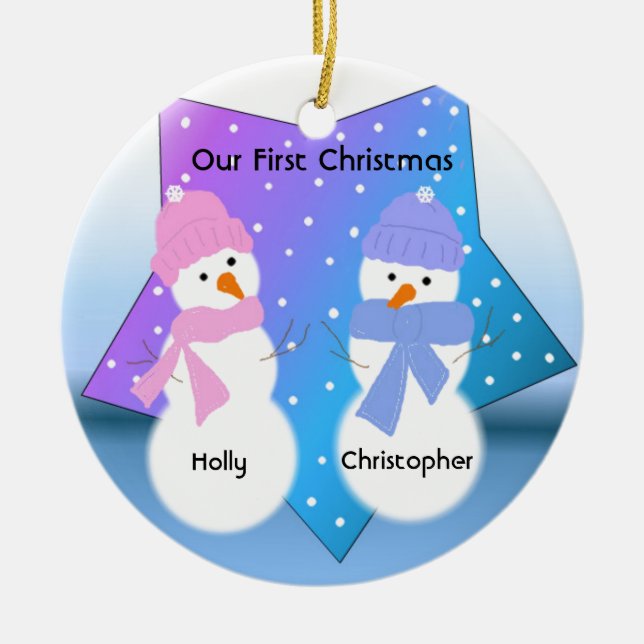 Ornamento De Cerâmica Snowmen Twins Primeiro Natal (Frente)
