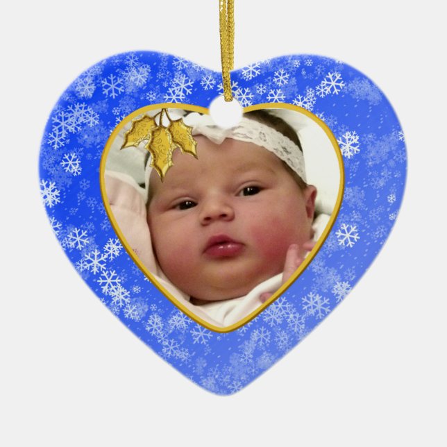 Ornamento De Cerâmica Snowy Blue Heart Baby's 1rua Natal (Frente)