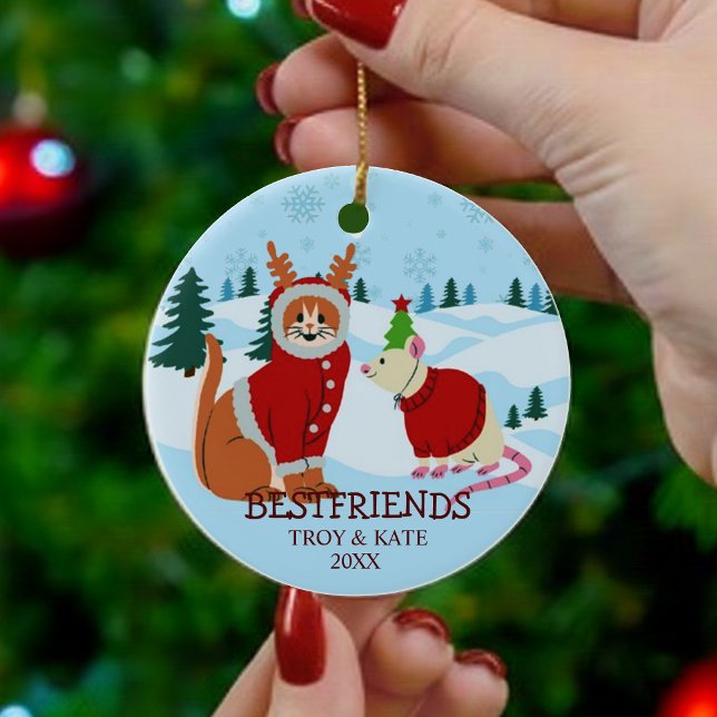 Ornamento De Cerâmica Snowy Christmas Friends – Cat and Rat Holiday  (Criador carregado)