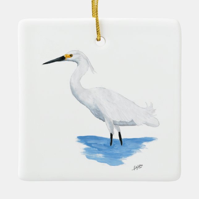 Ornamento De Cerâmica Snowy Egret (Frente)