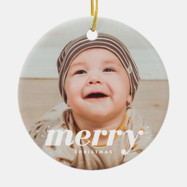 Ornamento De Cerâmica Snowy Modern Personalizado Foto de Natal Feliz (Frente)