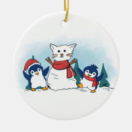 Ornamento De Cerâmica Snowy Penguins building a Christmas Snow Cat