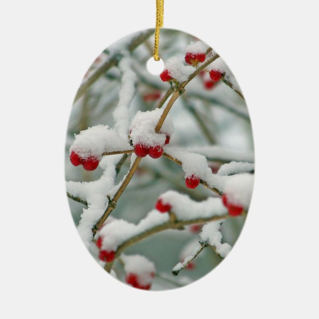 Ornamento De Cerâmica Snowy Red Berries Winter Scense Oval (Frente)