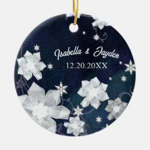 Ornamento De Cerâmica Snowy Winter Marinho Blue Wedding Keepsasak