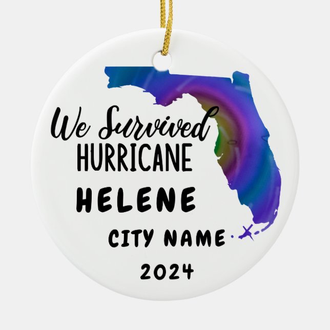 Ornamento De Cerâmica Sobrevivemos! Helene Flórida Hurrican e nome da ci (Frente)