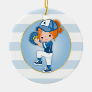 Ornamento De Cerâmica Softball do azul das meninas do Redhead
