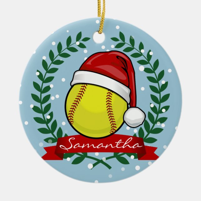 Ornamento De Cerâmica Softball em um estilo do Natal do chapéu do papai (Frente)