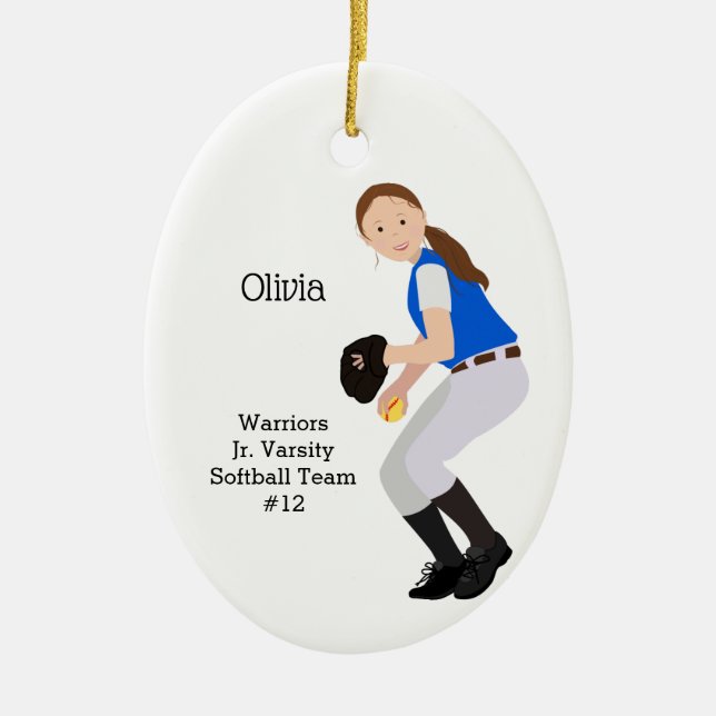 Ornamento De Cerâmica Softball Female Brunette Blue & White (Frente)