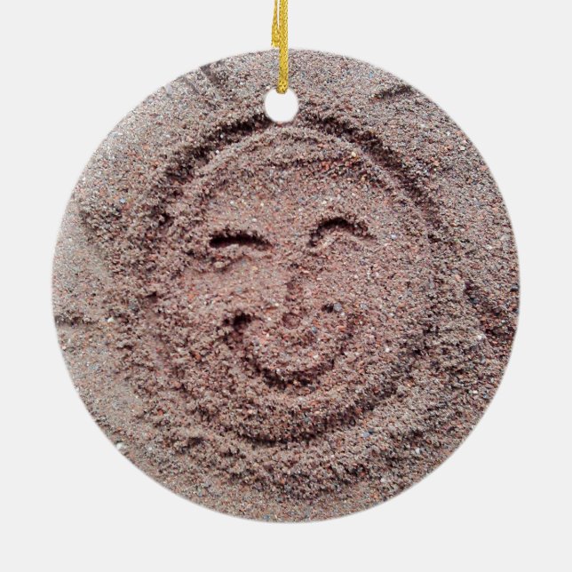 Ornamento De Cerâmica Sol sorridente, Sand Emoticon, Summer Emoji (Traseira)