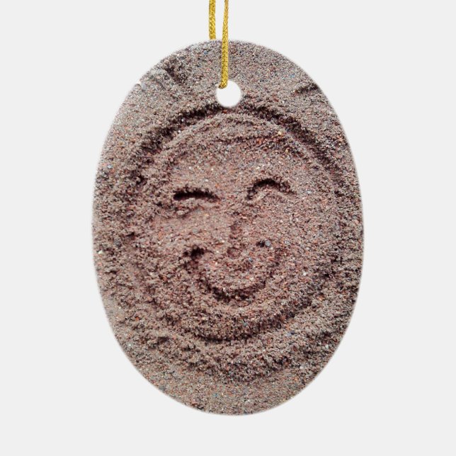 Ornamento De Cerâmica Sol sorridente, Sand Emoticon, Summer Emoji (Verso)