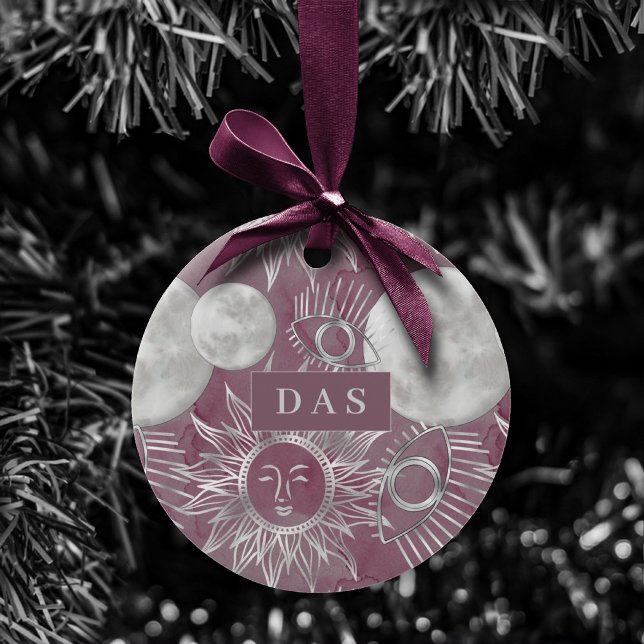 Ornamento De Cerâmica Solar Mystique | Pink Silver Moon Stars Sun Eyes (Criador carregado)