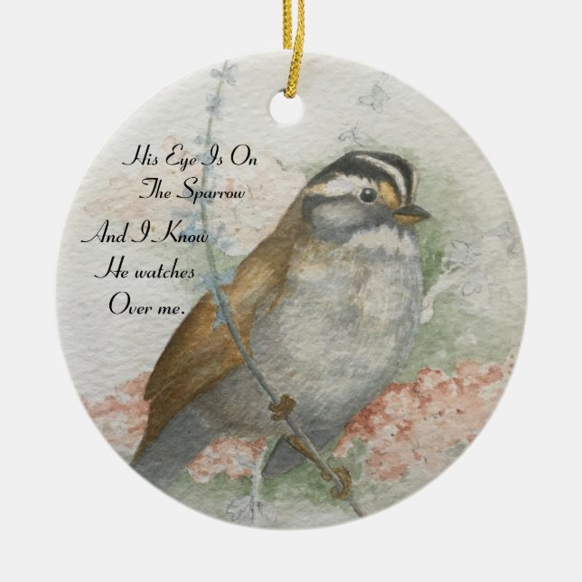 Ornamento De Cerâmica Song Sparrow Ele Vê Por Mim Bíblia (Frente)