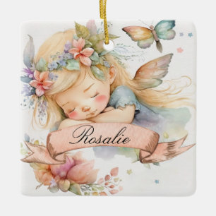 Ornamento De Cerâmica Sonhos Doces Florais Caprichosos Menina Fada Adorm