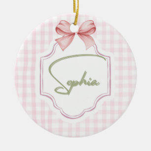 Ornamento De Cerâmica Sophia Personalizada de Arco Rosa & Gingham Impres