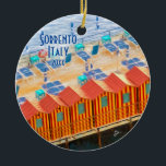 Ornamento De Cerâmica Sorrento Italy Beach Cabanas Sua Viagem de Foto<br><div class="desc">Este Sorrento, Itália, o ornamento de fotos de viagens vintage apresenta as cabanas de praia de Sorrento, de azul e laranja em uma doca e tipografia de safra, e sua própria foto. Sorrento está localizado perto da Costa Amalfi e é um dos lugares mais bonitos do mundo. Se você viajou...</div>