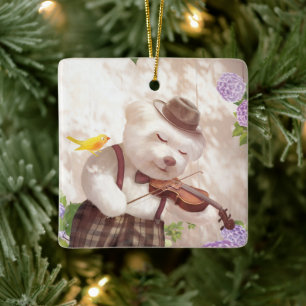 Ornamento De Cerâmica Sorria Cão Jogando Violino