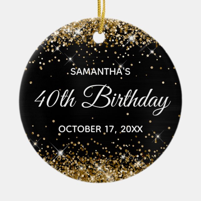 Ornamento De Cerâmica Sparkly Gold Glitter Black Foil 40th Birthday (Frente)