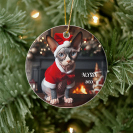 Ornamento De Cerâmica Sphynx Cat no Natal do Santa Hat