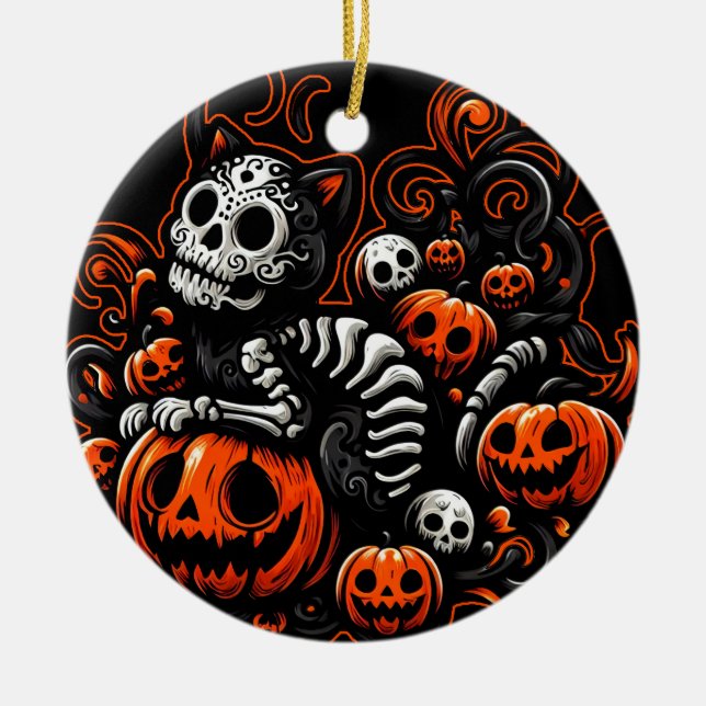 Ornamento De Cerâmica Spooky Cat e Pumpkins (Frente)