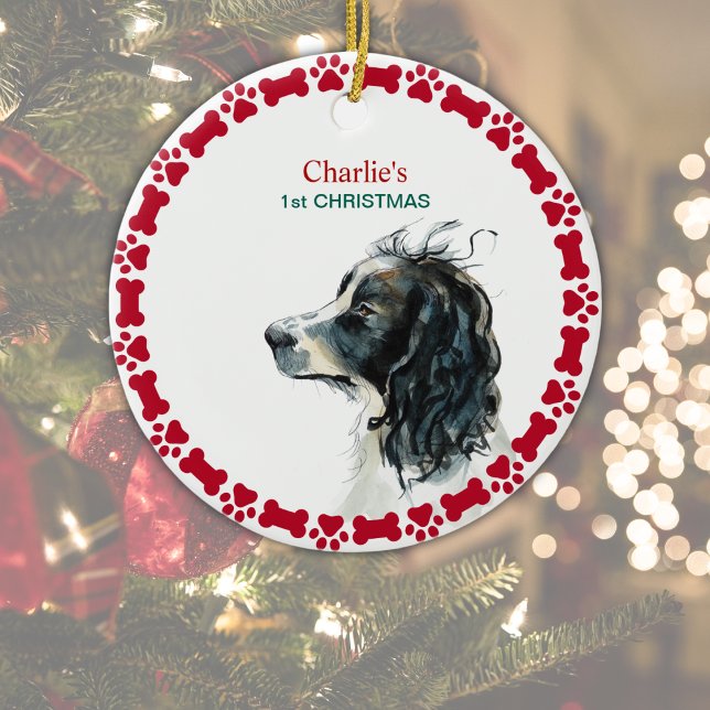 Ornamento De Cerâmica Springer Spaniel 1rua Natal Personalizado (Edit to add dog's name on front and year on reverse.  1st Christmas can be changed/ deleted)